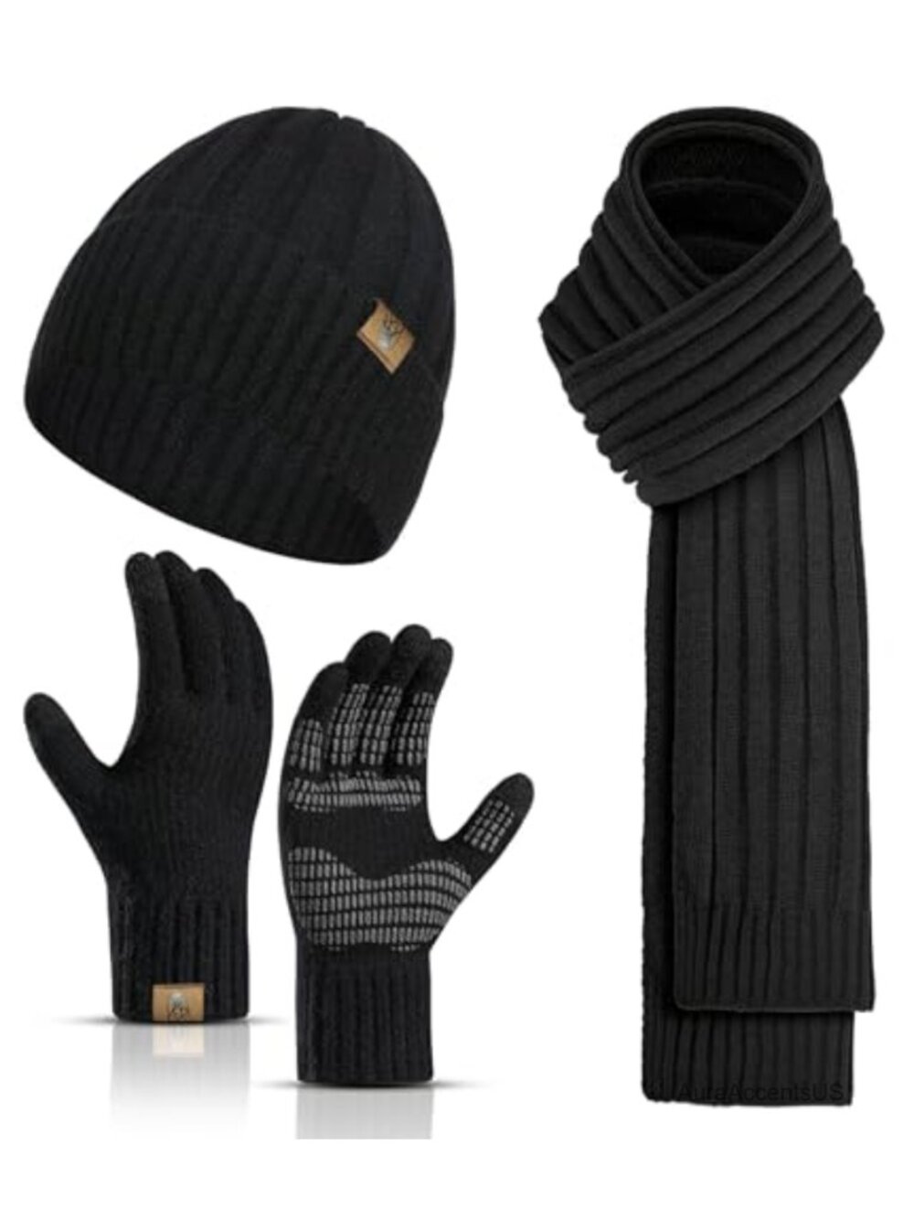 Winter Knit Scarf Beanie Hat Touchscreen Gloves 3PCS Set Men